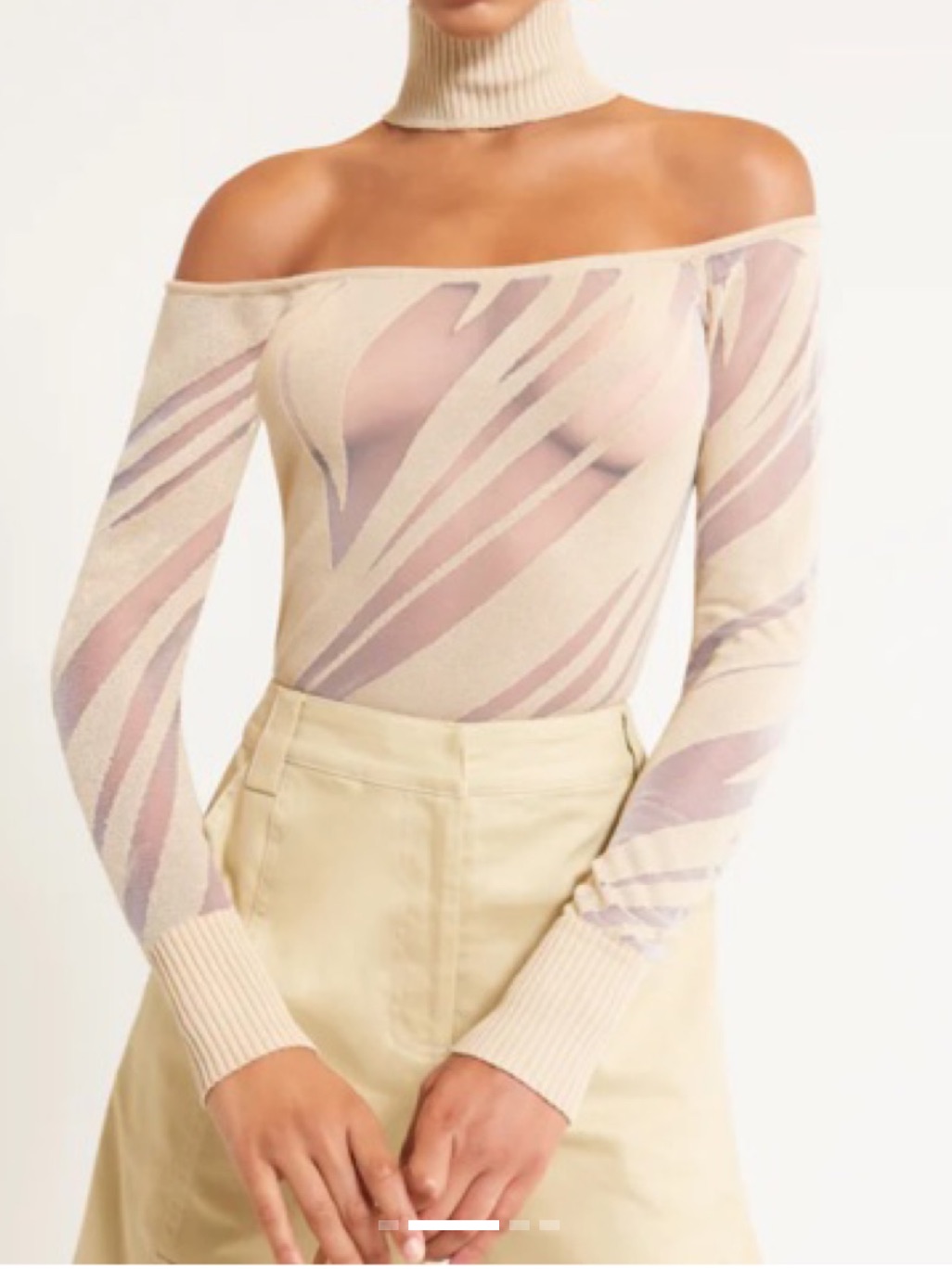 Cult Gaia Tracie Tan Knit High Neck Sheer Panels Off The Shoulder Blouse Large